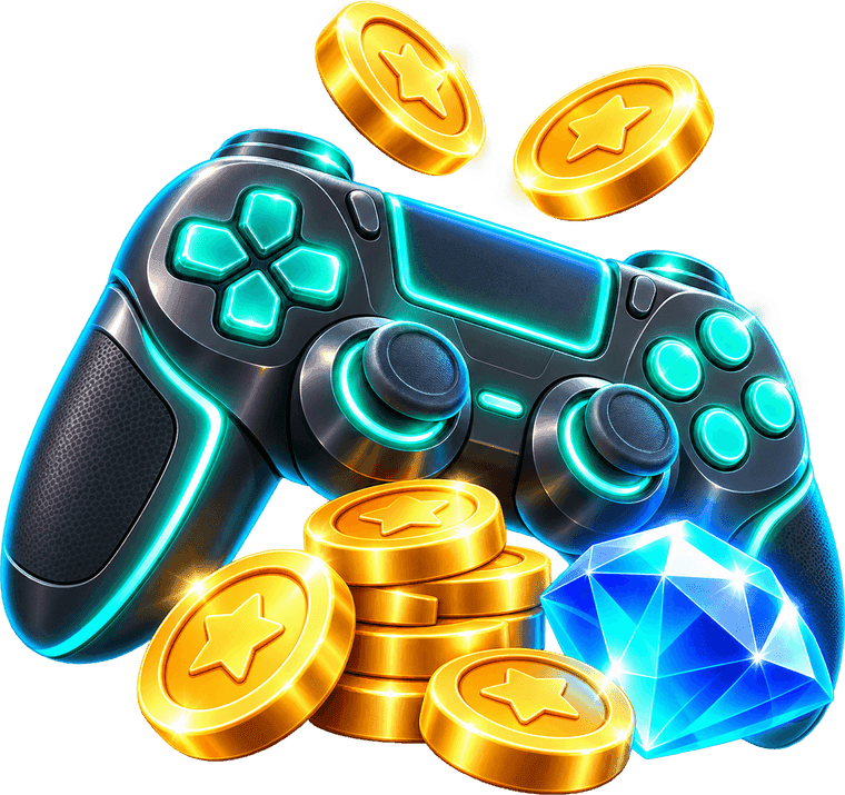 Game controller surrounded by gold coins and a gem