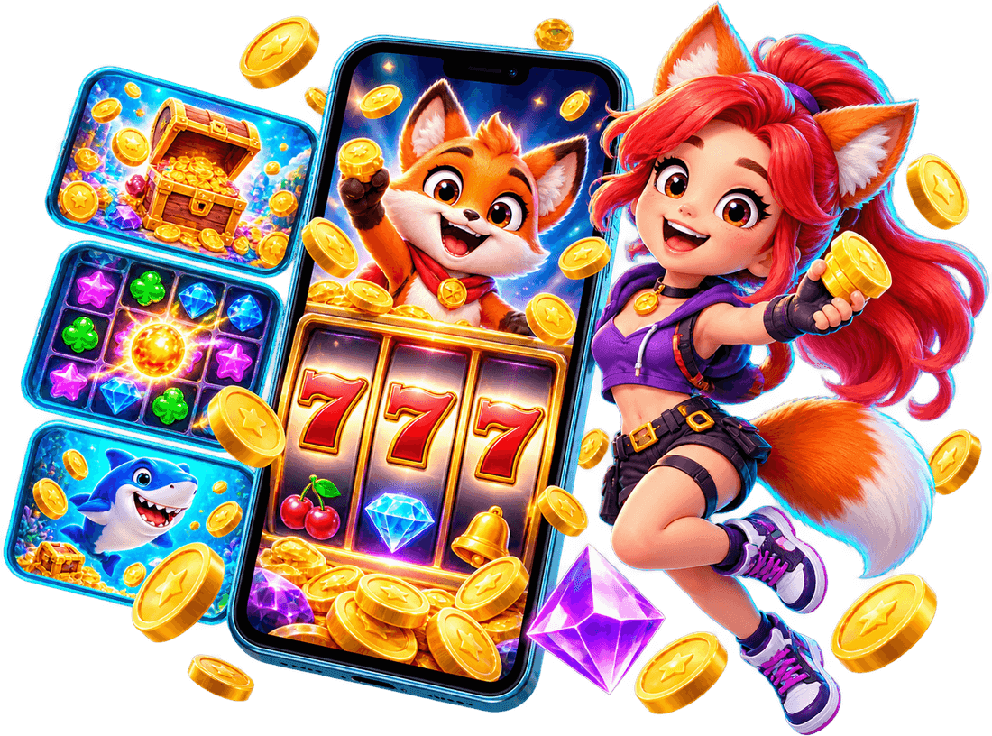 Casino slot game on a phone with a cartoon mascot and gold coins